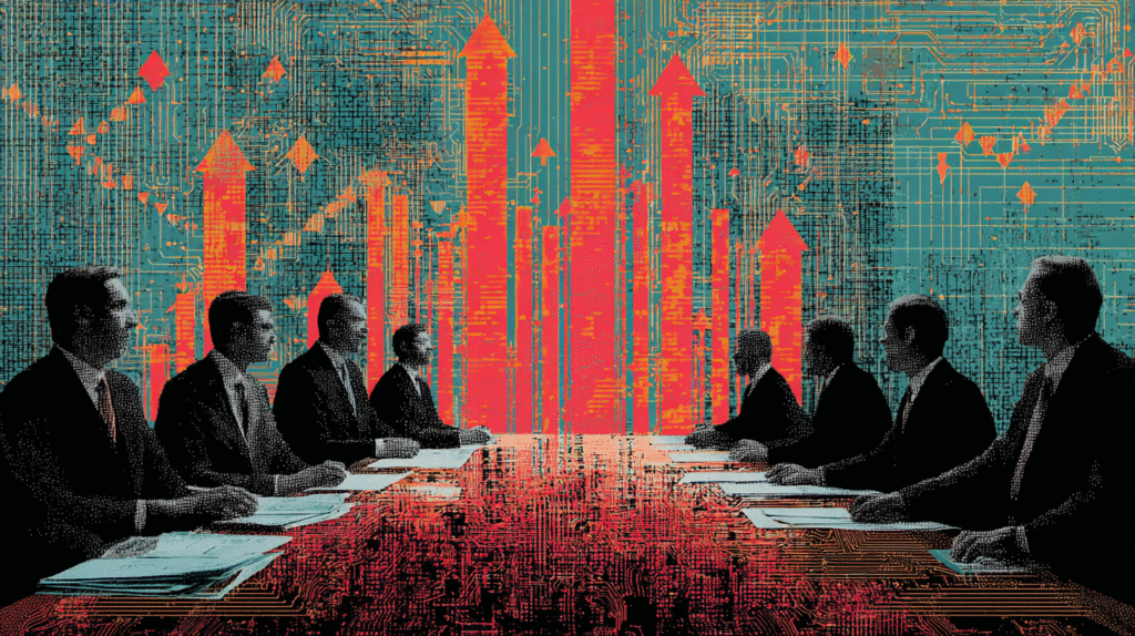 Editorial illustration of corporate CFOs under pressure to sacrifice personnel as AI adoption rises without bigger budgets, showing executives at a boardroom table with silver and teal AI circuitry glowing across the walls, red and black shards scattering over stacks of personnel files, and green and gold arrows straining upward.