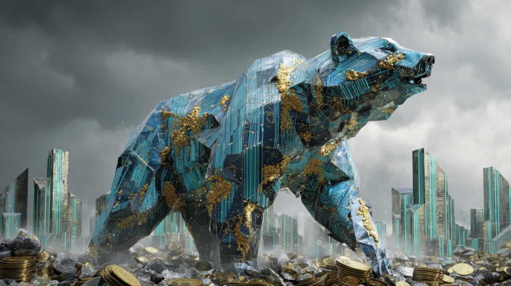 Goldman Sachs Warns $1 Trillion AI Boom Could Crack, Triggering Full-Blown Bear Market: Report Goldman Sachs warns the $1 trillion AI investment boom could crack, triggering a full-blown S&P 500 bear market, illustrated by a fractured glass bear looming over Wall Street skyscrapers with AI circuit imagery.