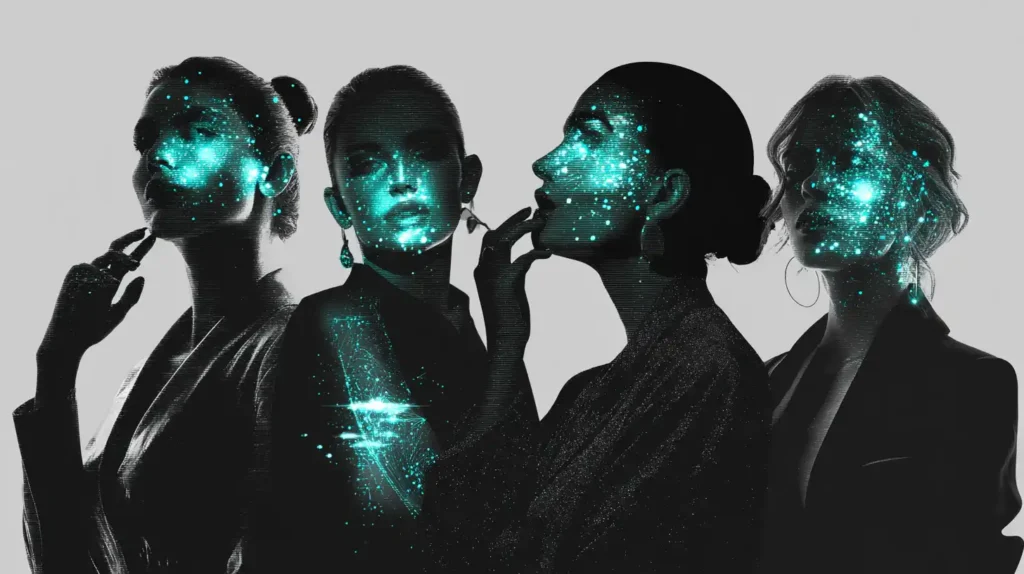 Meta Uses Taylor Swift, Scarlett Johansson and Other Stars to Power Flirty Chatbots Without Consent: Report Silhouettes of glamorous celebrities with silver and teal digital circuit overlays and flirtatious poses fading into shadow, symbolizing AI chatbots using star personas without consent.