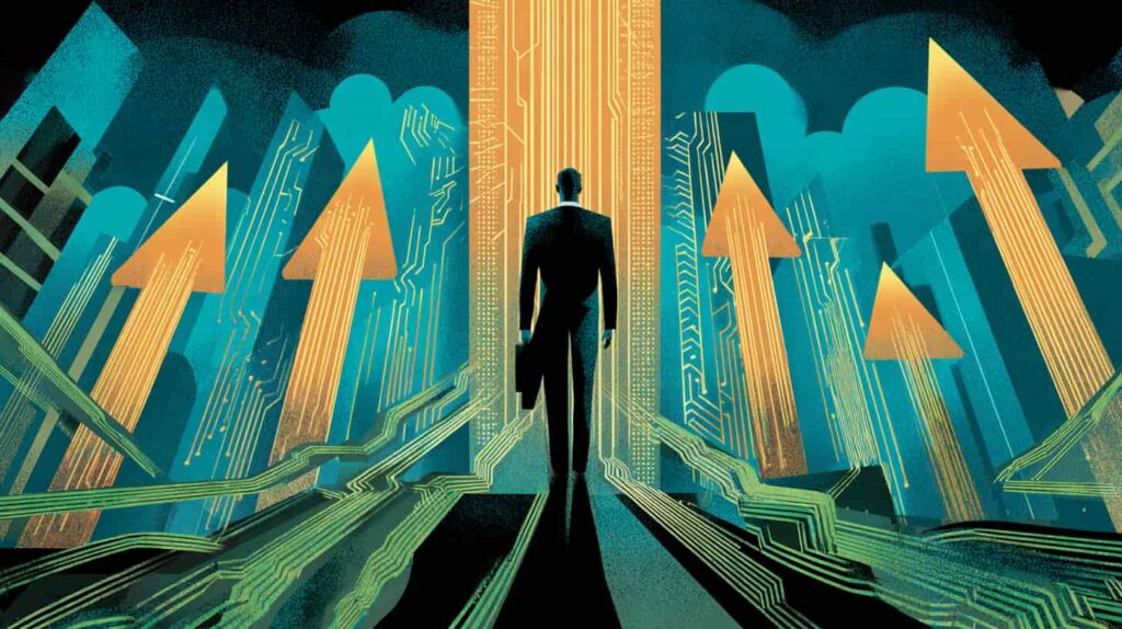 Morgan Stanley Unveils Four Biggest Investment Themes Amid AI-Fueled Stock Market Surge Editorial illustration of Morgan Stanley unveiling four major investment themes during an AI-fueled stock market rally, showing a confident investor on a trading floor with four glowing golden arrows rising upward, circuit-board skyscrapers in blue and gold, and silver and teal AI circuitry overlaying the scene.