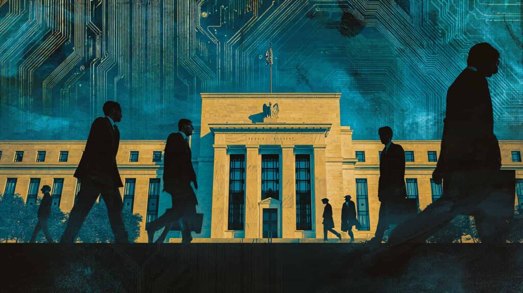 New York Fed Warns AI Driving Job Cuts and Fewer Openings for College Graduates New York Federal Reserve building in blue and gold tones with silver and teal AI circuits in the sky, shadowy silhouettes of young graduates carrying empty briefcases symbolizing job cuts and fewer openings.