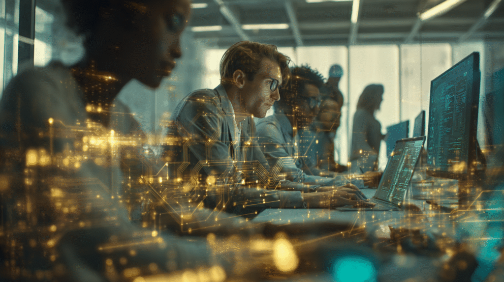 OpenAI To Buy Statsig for $1.1 Billion, Delivering Startup’s Founder and Millions of Users Group of AI engineers collaborating in a modern office, illuminated by silver and teal circuit patterns on screens, with golden sparks symbolizing OpenAI’s $1.1 billion acquisition of Statsig.