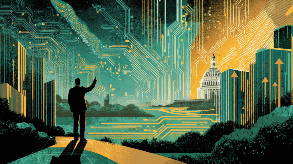 Senator Rand Paul Calls Work a Reward in AI Age, Rejects the View of It As Punishment Editorial illustration of Senator Rand Paul calling work a reward in the AI age, showing a silhouette at a podium with golden rays symbolizing opportunity, Capitol dome in the background, and silver and teal AI circuitry weaving upward.