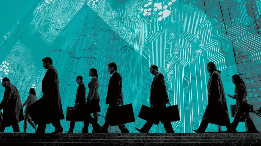 Salesforce CEO Marc Benioff Hails $1,000,000,000 AI Boom But Cuts Customer Support Workforce by 4,000 Office employees leaving a glass skyscraper carrying boxes of personal belongings as silver and teal AI circuits glow inside the building, symbolizing Salesforce’s AI boom and mass layoffs.