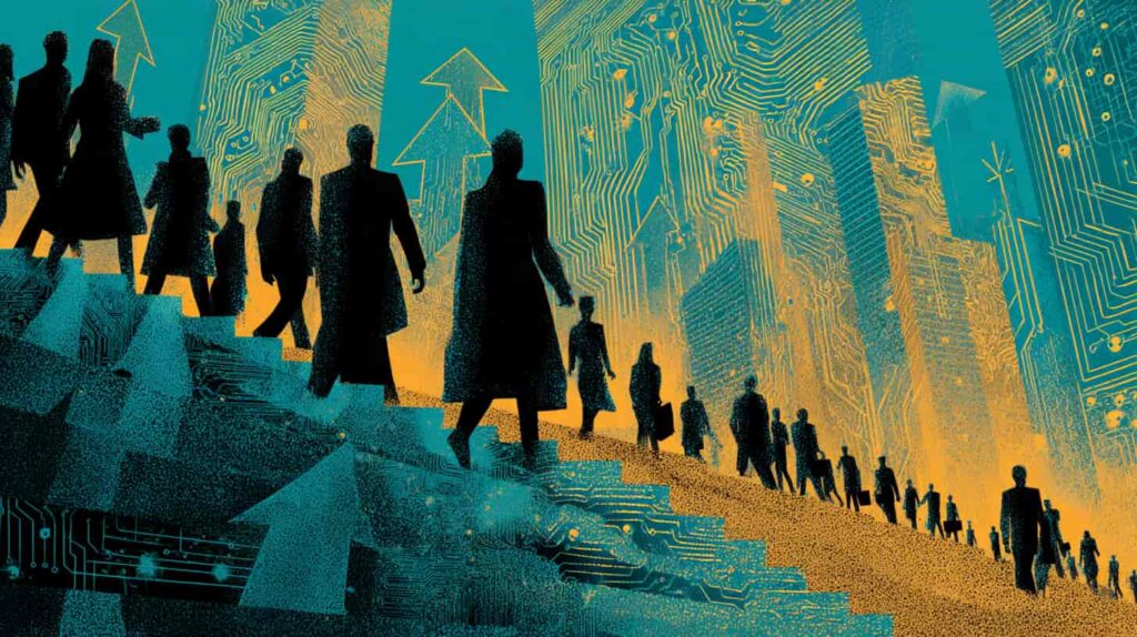 Salesforce CEO Says AI Calling Back 100 Million Customers, Forcing Firm To Hire More Salespeople Editorial illustration of Salesforce CEO saying AI is calling back 100 million customers, forcing the company to hire more salespeople, with silhouettes climbing golden staircases toward glowing circuit-board skyscrapers connected by silver and teal AI circuitry.