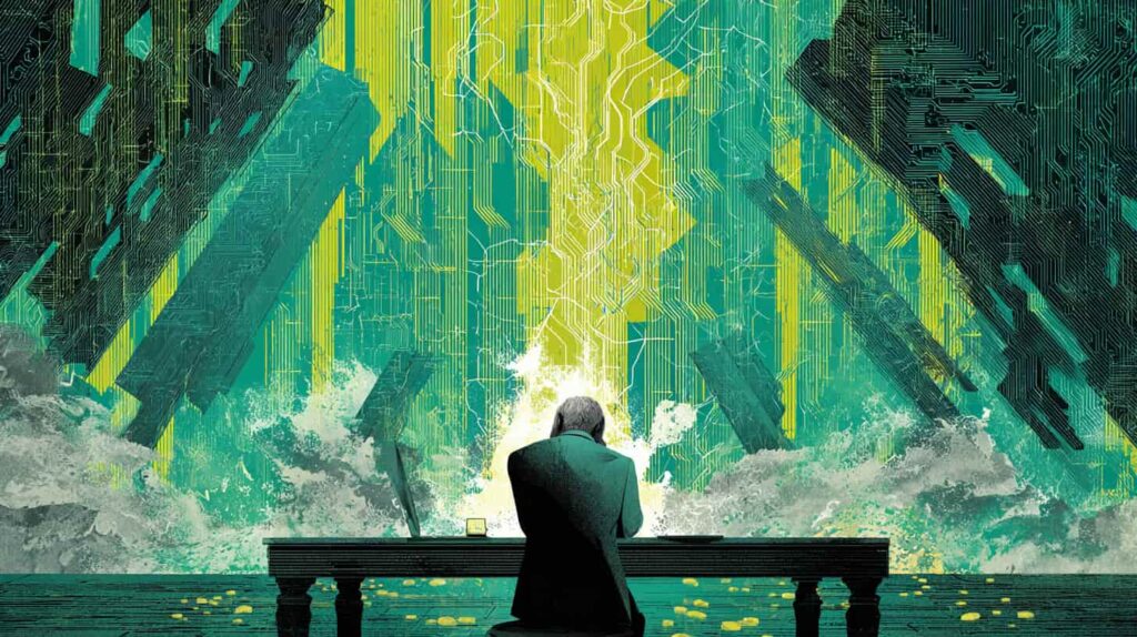 ‘Big Short’ Investor Steve Eisman Warns AI Could Witness ‘Painful Digestion’ Amid $300 Billion Torrid Capital Spending Editorial illustration of investor Steve Eisman warning that $300 billion in AI capital spending could face painful digestion, showing a weary businessman at a table with crashing green and gold arrows, cracked circuit-board skyscrapers, and scattered coins under silver and teal AI circuitry.