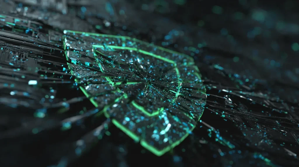 Zscaler Crosses $3 Billion Milestone As CEO Flags Breakneck AI Adoption Driving New Cyber Threats Glowing green and blue digital shield fracturing with cracks as silver and teal AI circuits spill through, shadowy hackers in the background symbolizing rising cyber risks.